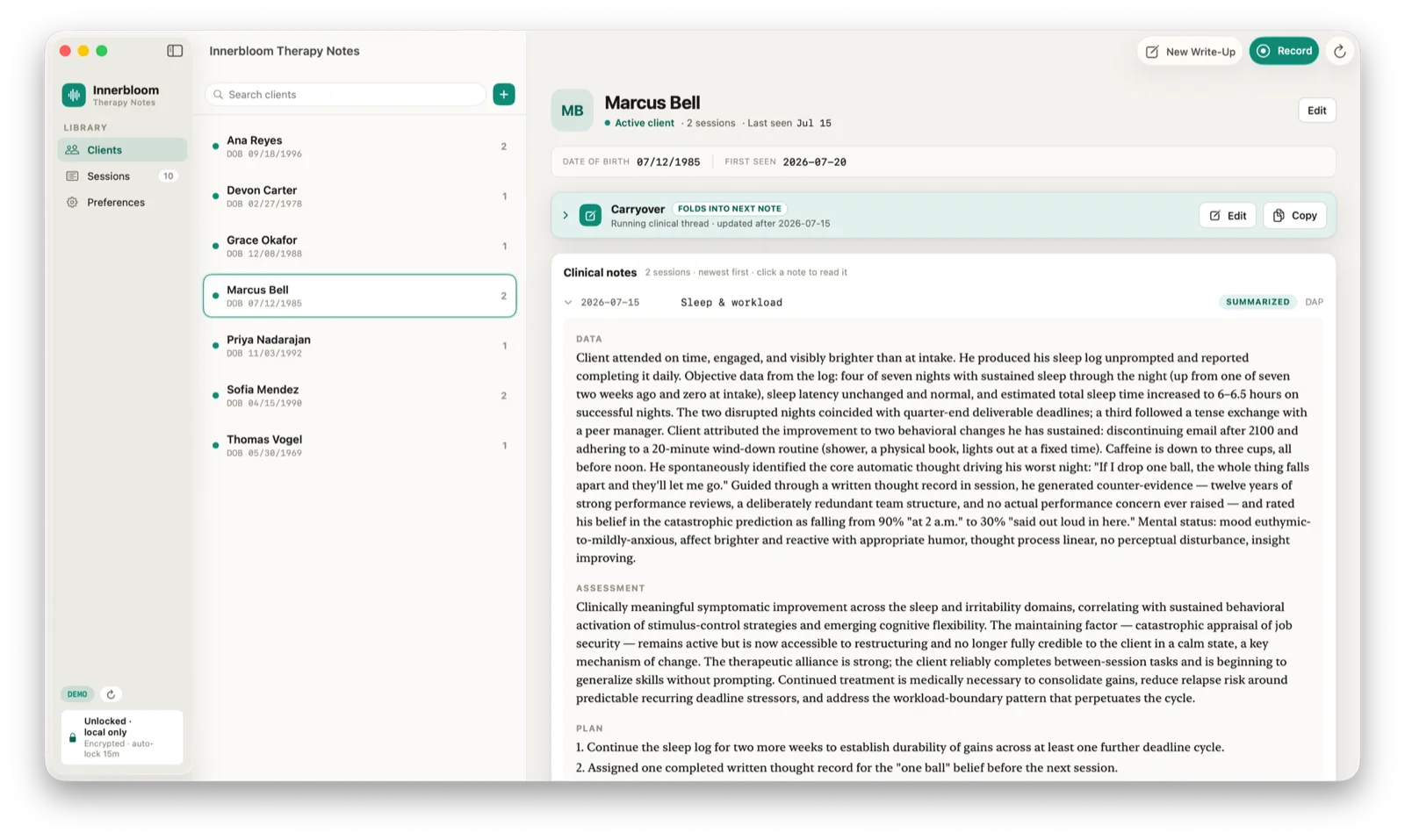 Innerbloom Therapy Notes: a client list beside a generated
                clinical note with Data, Assessment and Plan sections