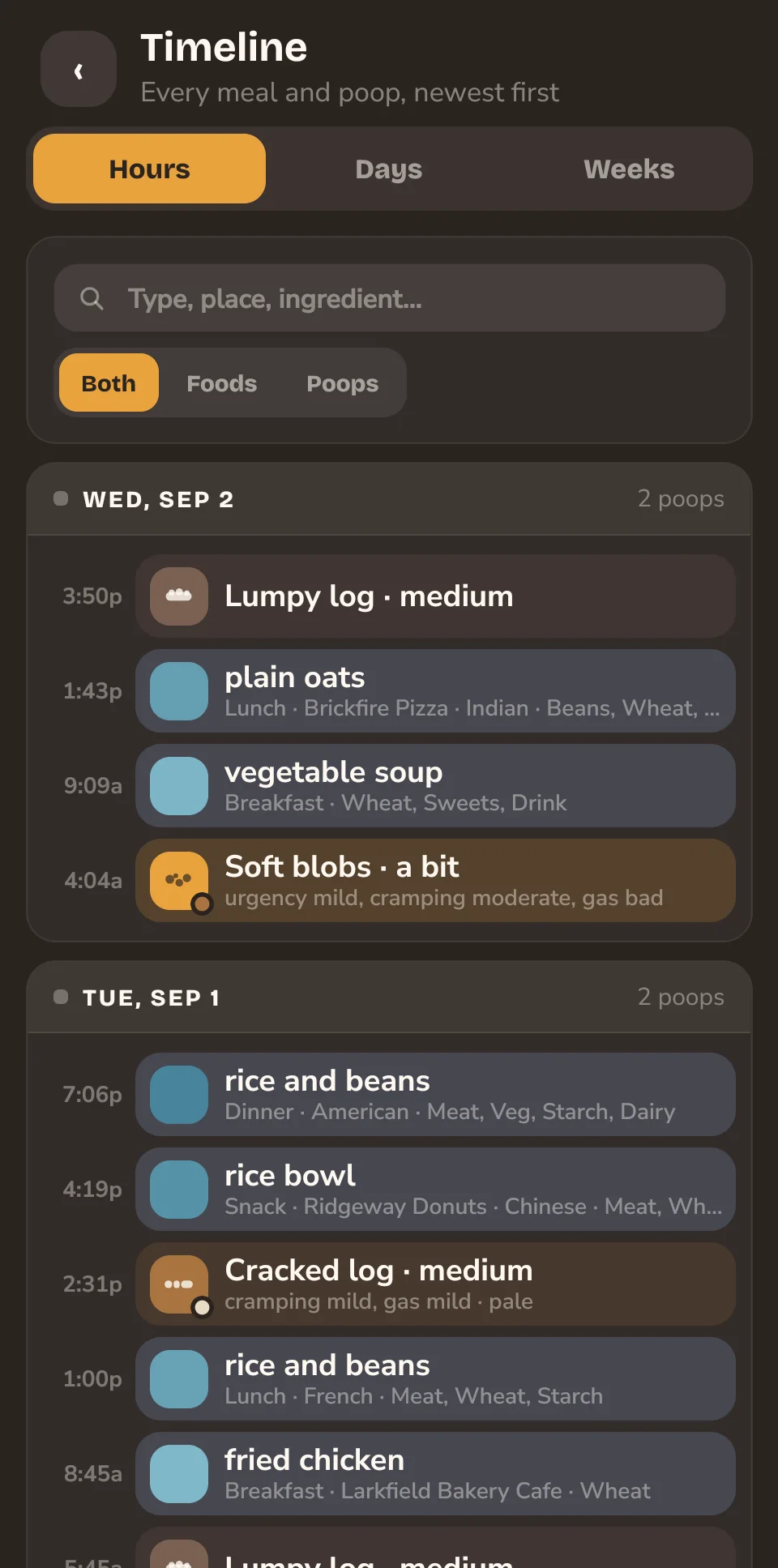 Poops & Foods timeline: every meal and poop, newest first